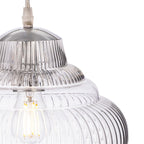 Close detail of the Selby Fluted Glass Pendant's ribbed clear glass and chrome fittings