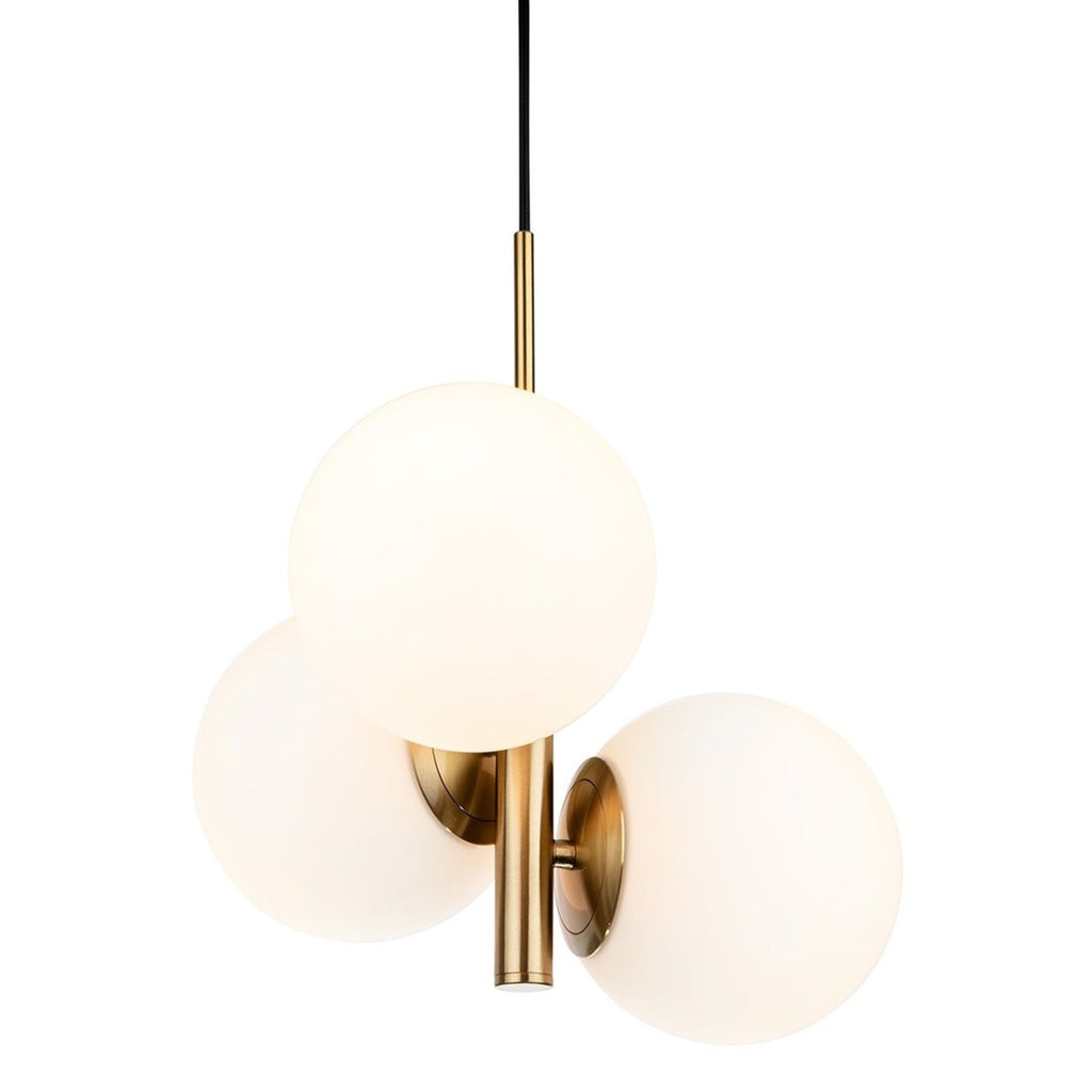 Selby Staggered Opal Globe 3 Light Pendant in brushed brass, full view of the three opal glass globes on the suspension