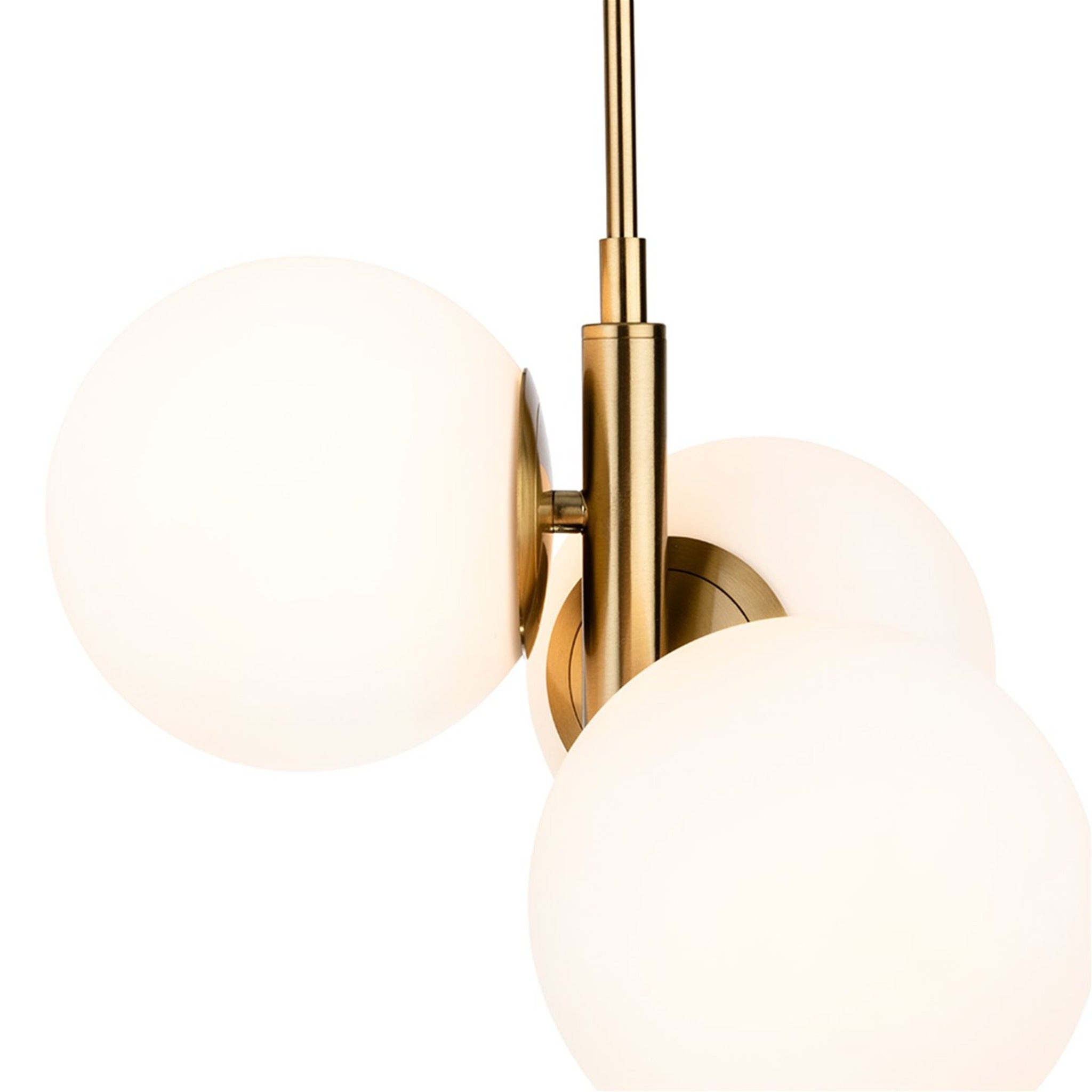 Selby Staggered Opal Globe 3 Light Pendant in brushed brass, close view of the brass stem and globe fixings