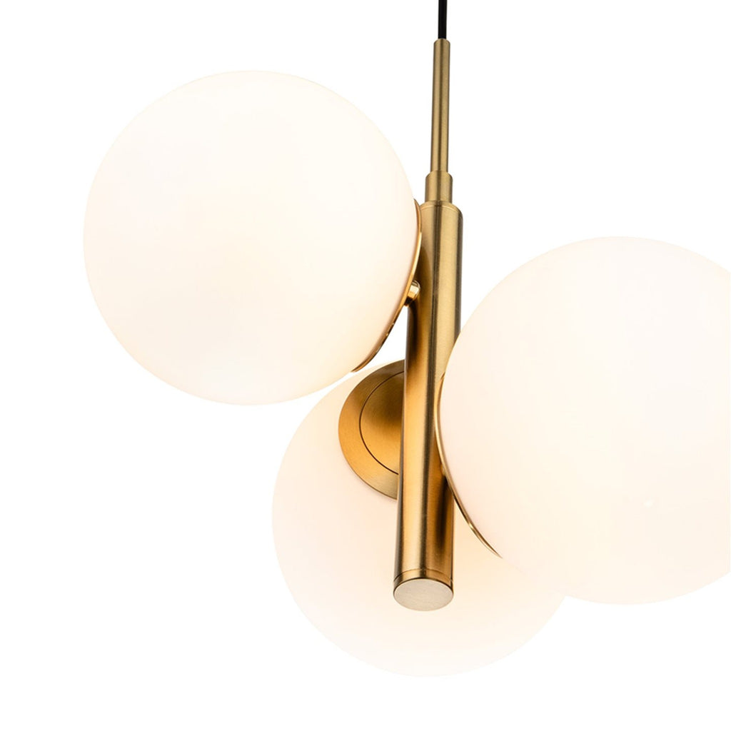 Selby Staggered Opal Globe 3 Light Pendant in brushed brass, angled view from below