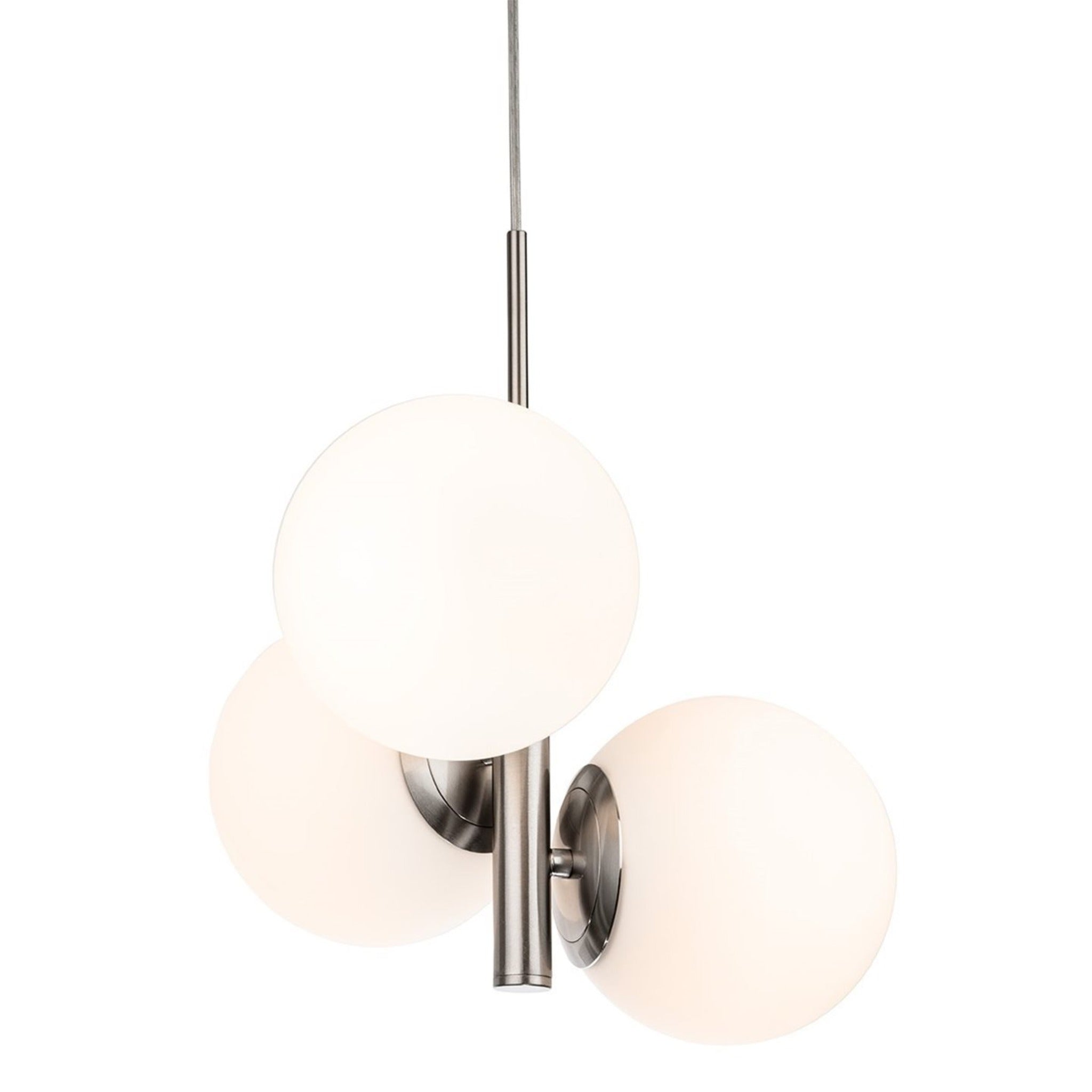 Selby Staggered Opal Globe 3 Light Pendant in brushed steel, full view of the three opal glass globes on the suspension