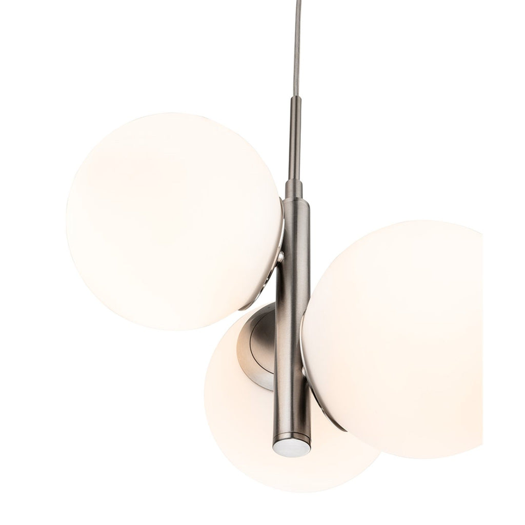 Selby Staggered Opal Globe 3 Light Pendant in brushed steel, angled view from below