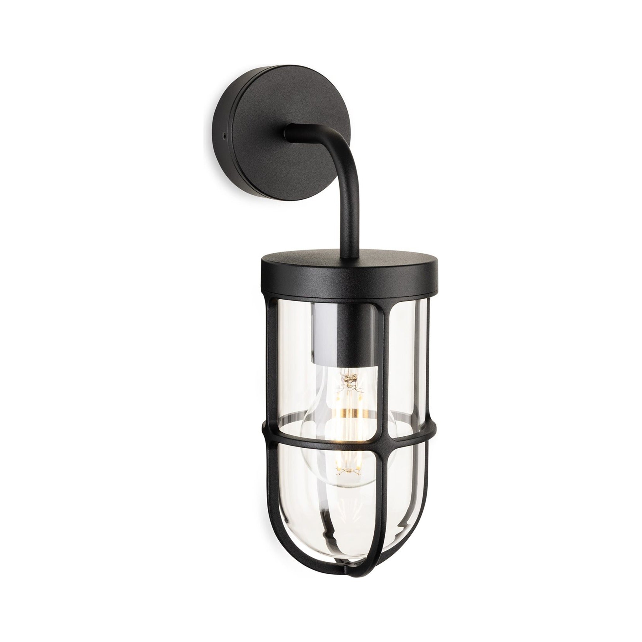 Tarbet Caged Glass Outdoor Wall Light in black, straight-on view of the caged glass shade