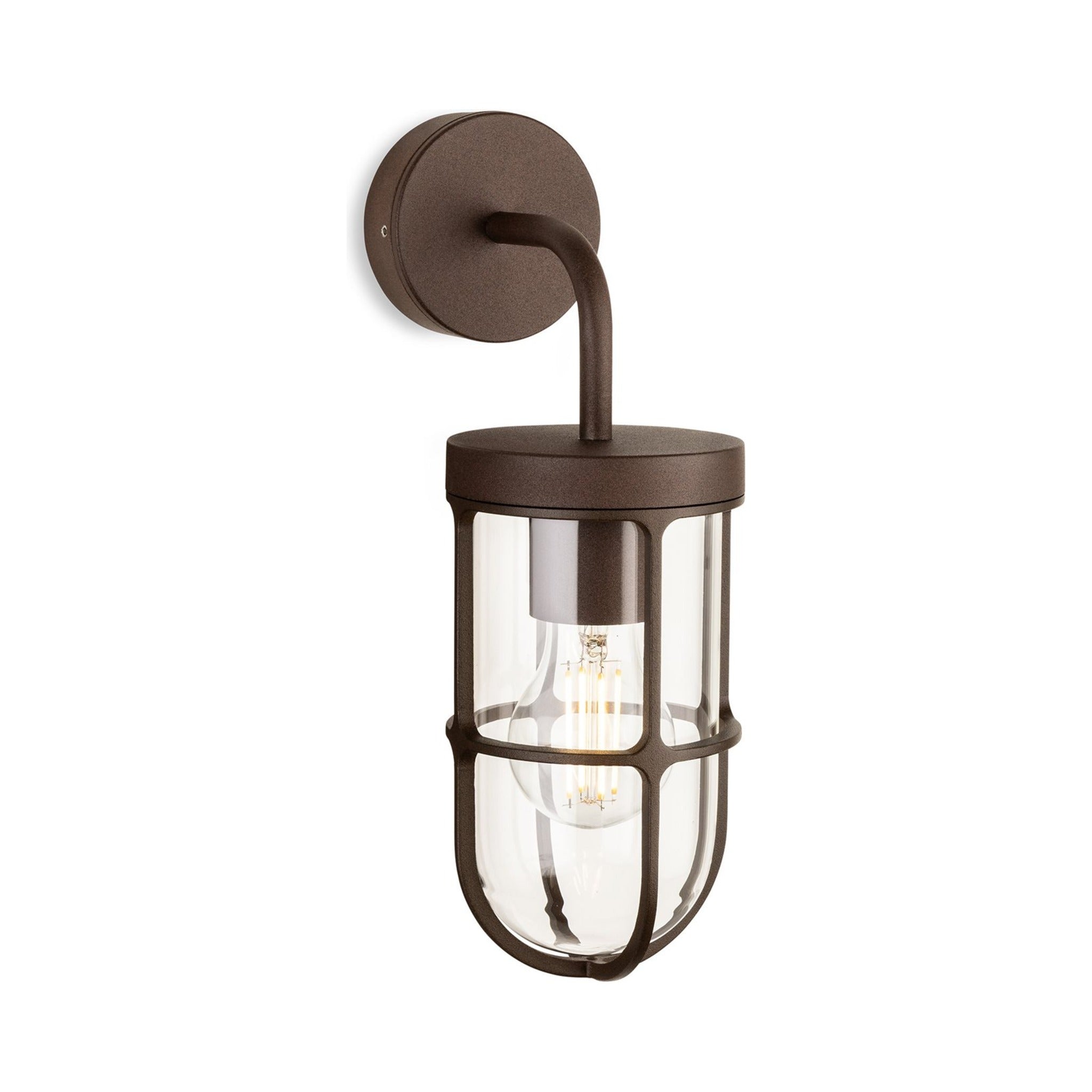 Tarbet Caged Glass Outdoor Wall Light in rustic brown, straight-on view of the caged glass shade