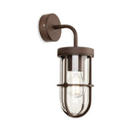 Tarbet Caged Glass Outdoor Wall Light in rustic brown, angled view
