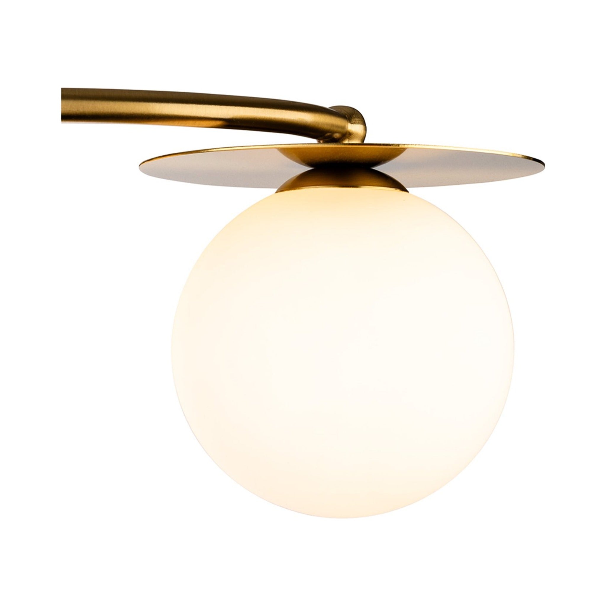 Close detail of a brushed brass arm and opal glass globe on the Thea 4 Light Flush Ceiling Light