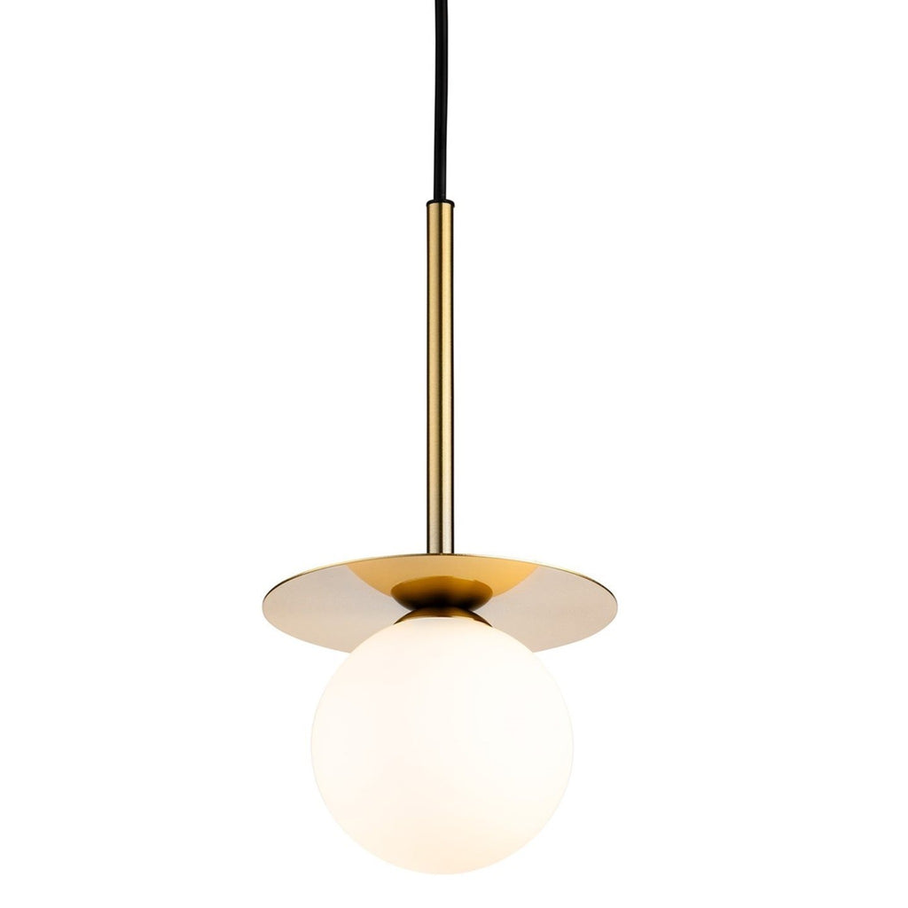 Thea Opal Globe Pendant in brushed brass, opal white glass globe below a brass saucer
