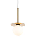 Thea Opal Globe Pendant in brushed brass, opal white glass globe below a brass saucer