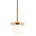 Thea Opal Globe Pendant in brushed brass, opal white glass globe below a brass saucer