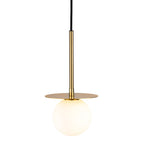 Thea Opal Globe Pendant in brushed brass, side view showing the suspension rod and ceiling cable