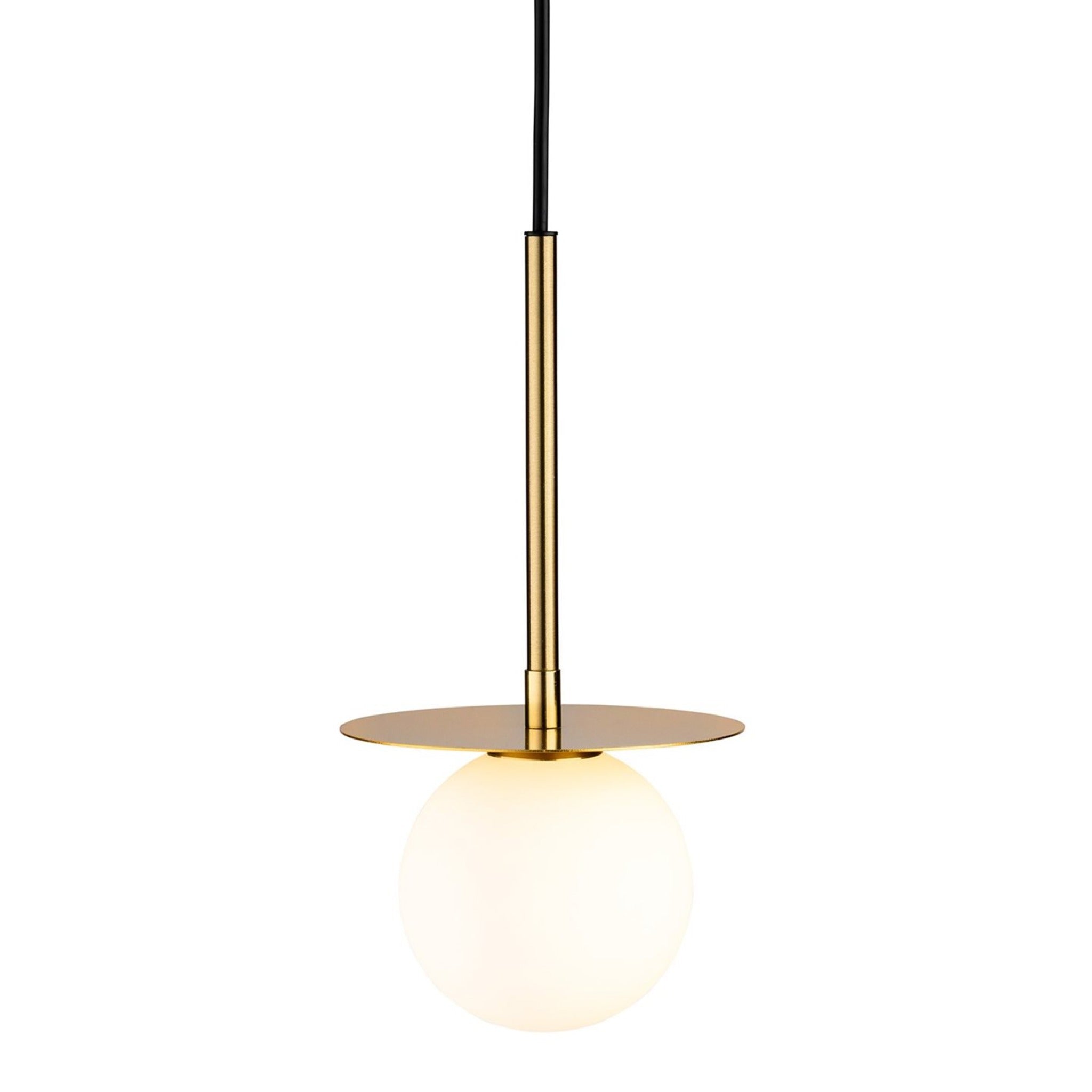 Thea Opal Globe Pendant in brushed brass, side view showing the suspension rod and ceiling cable