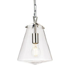 Vela Tapered Clear Glass Pendant in chrome, angled view