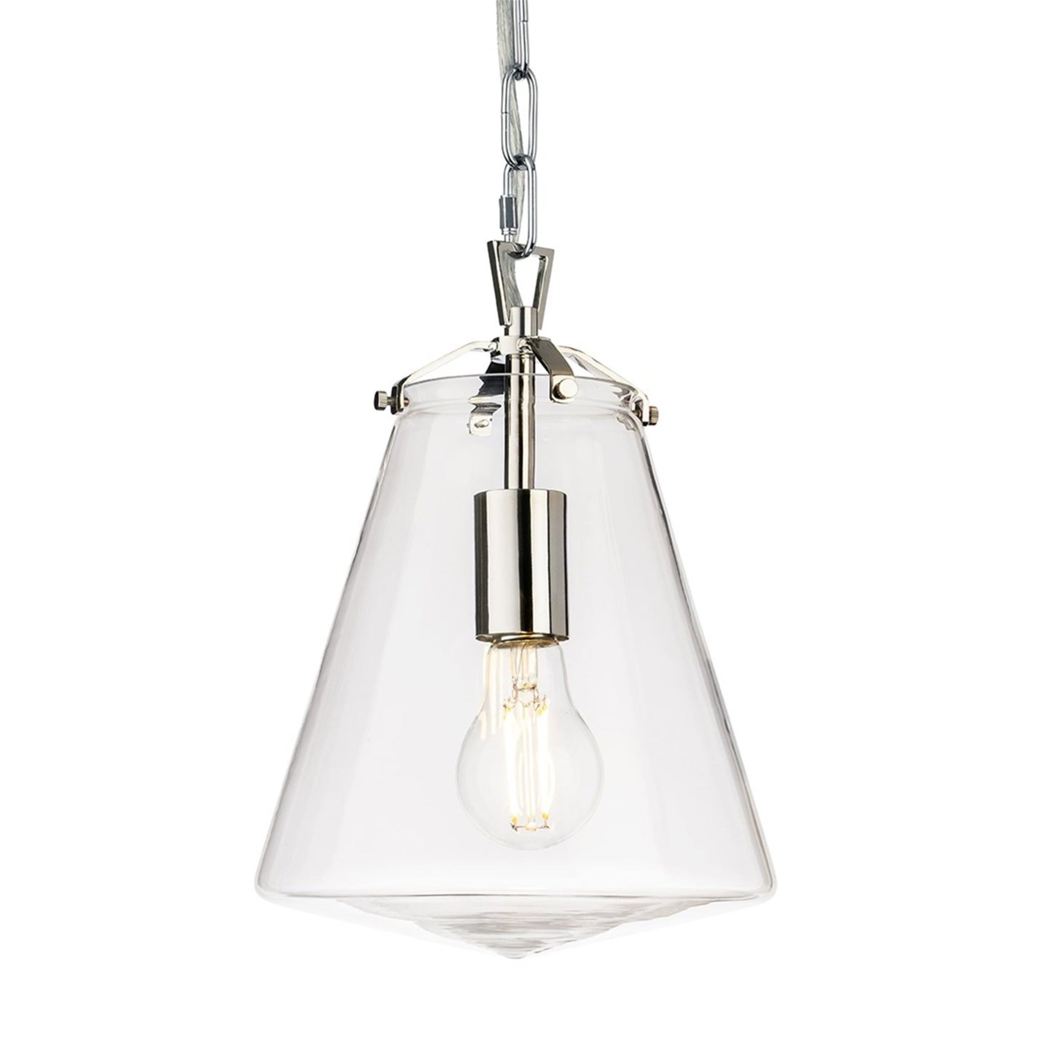 Vela Tapered Clear Glass Pendant in chrome, angled view