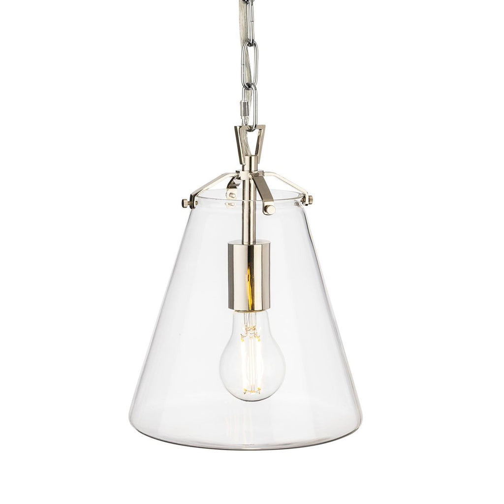 Vela Tapered Clear Glass Pendant in chrome, front view with a filament bulb lit
