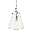 Vela Tapered Clear Glass Pendant in chrome, front view with a filament bulb lit