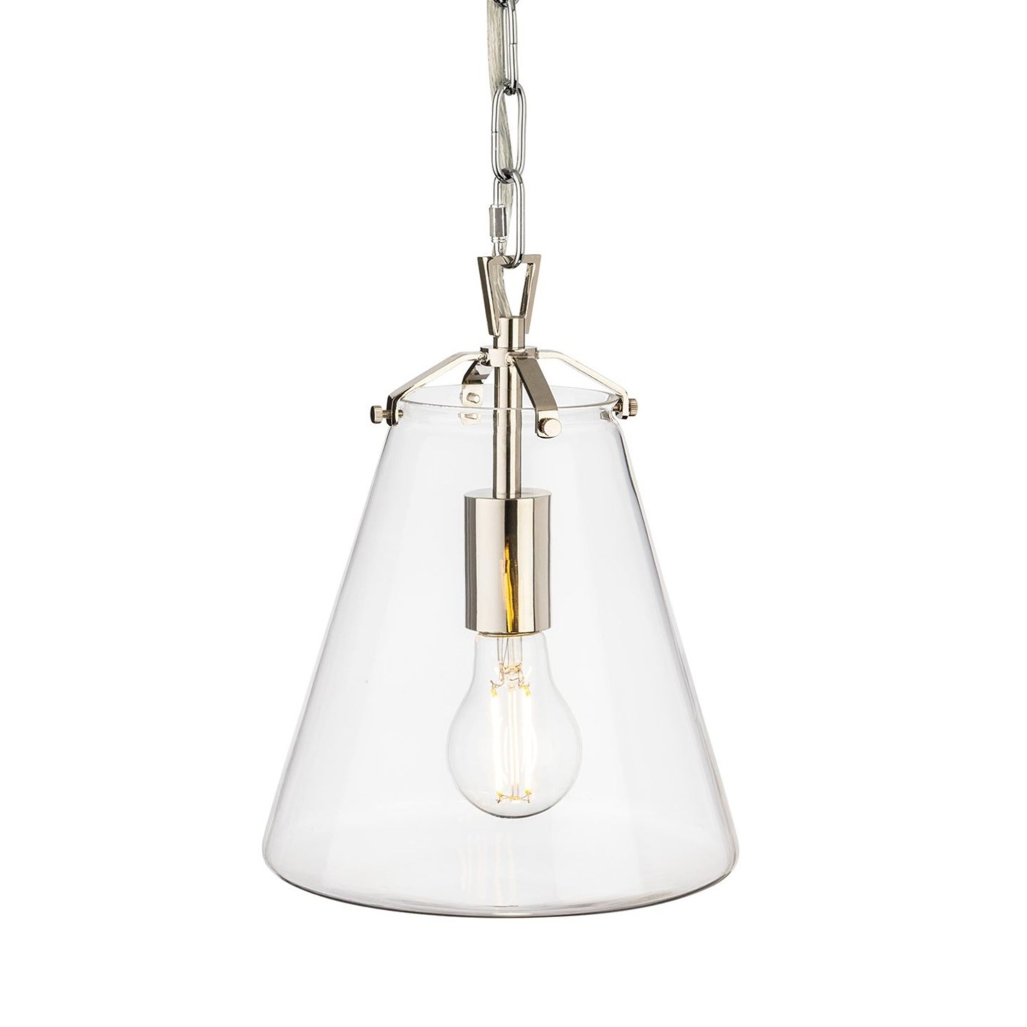 Vela Tapered Clear Glass Pendant in chrome, front view with a filament bulb lit