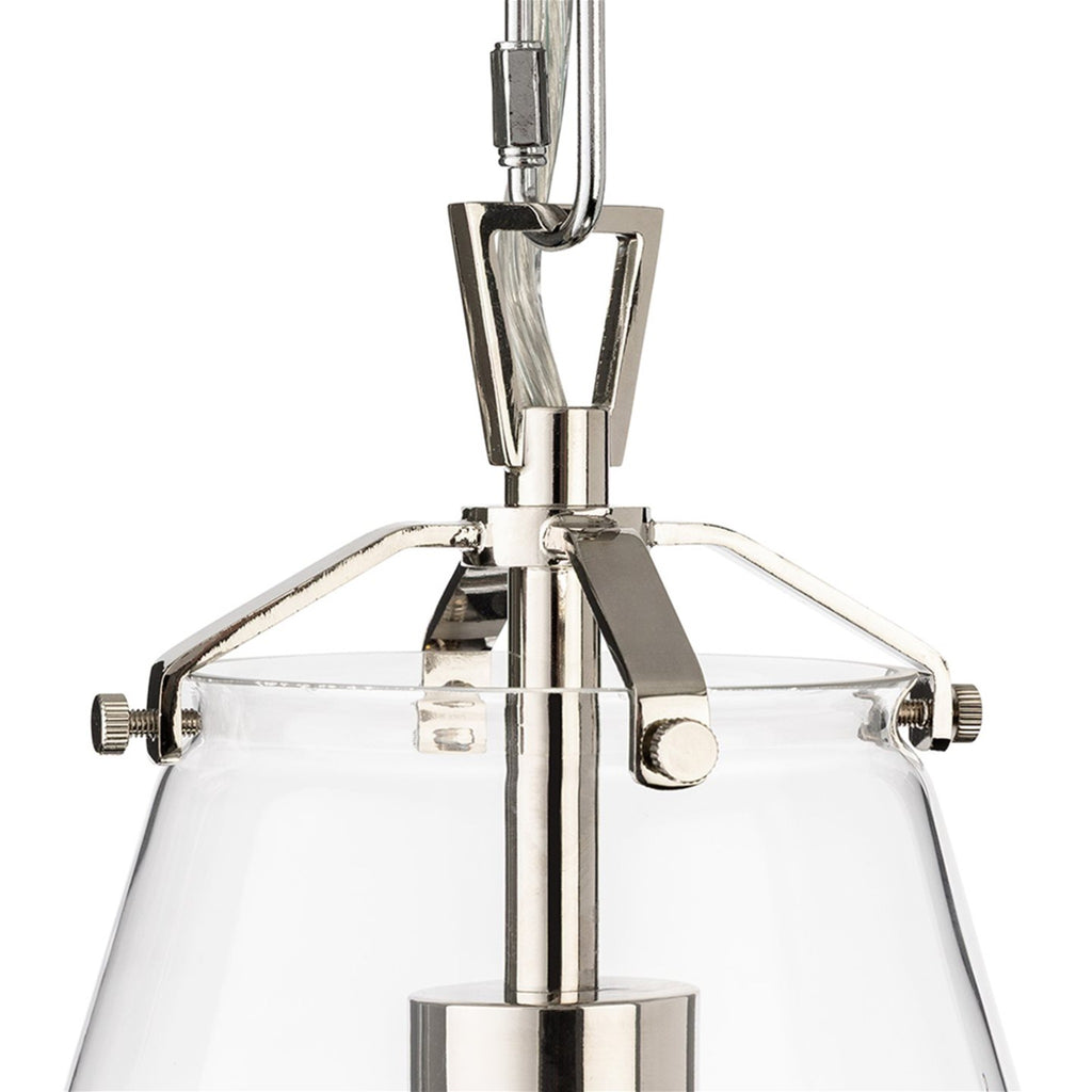 Vela Tapered Clear Glass Pendant in chrome, close-up of the chrome shade fixings