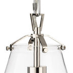 Vela Tapered Clear Glass Pendant in chrome, close-up of the chrome shade fixings