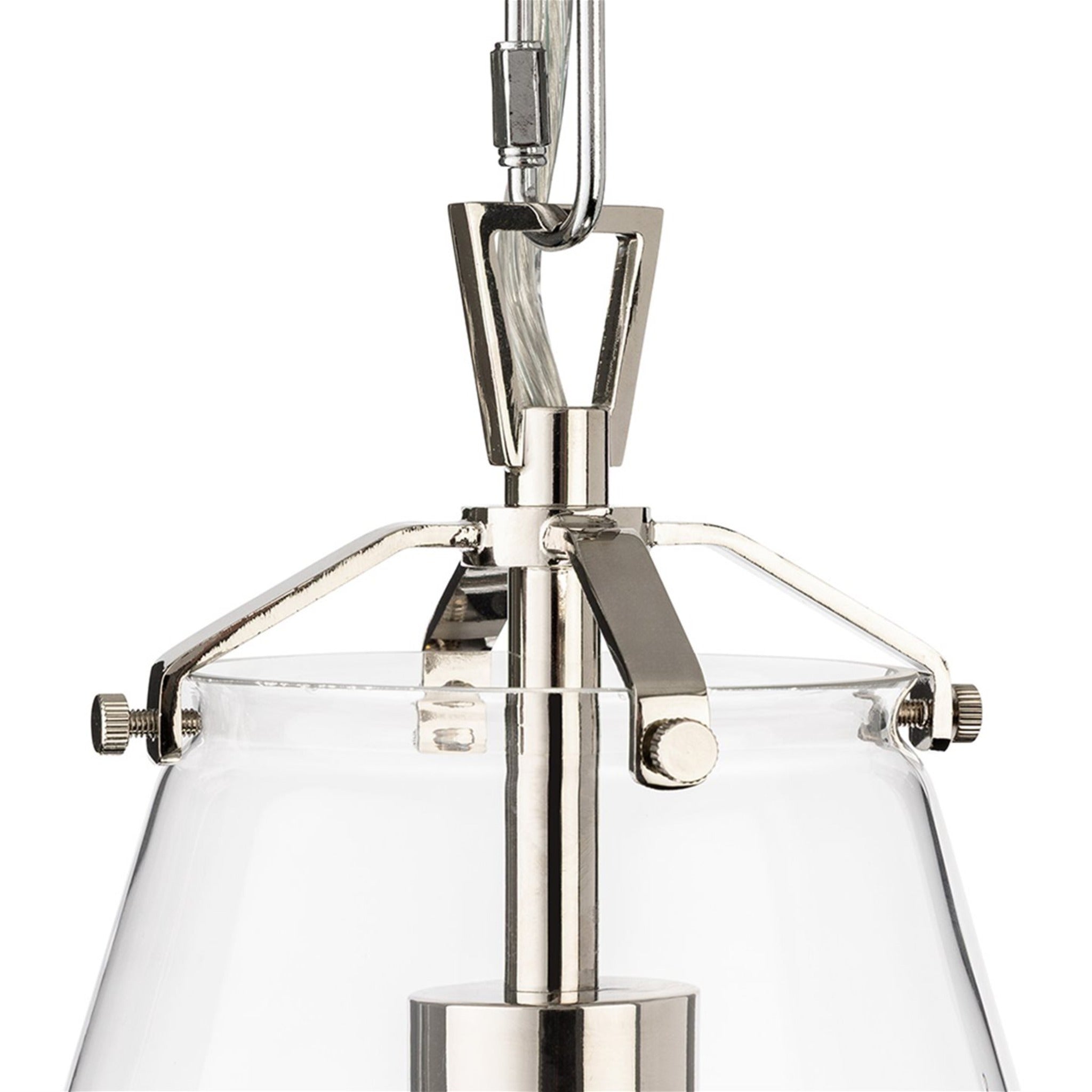 Vela Tapered Clear Glass Pendant in chrome, close-up of the chrome shade fixings