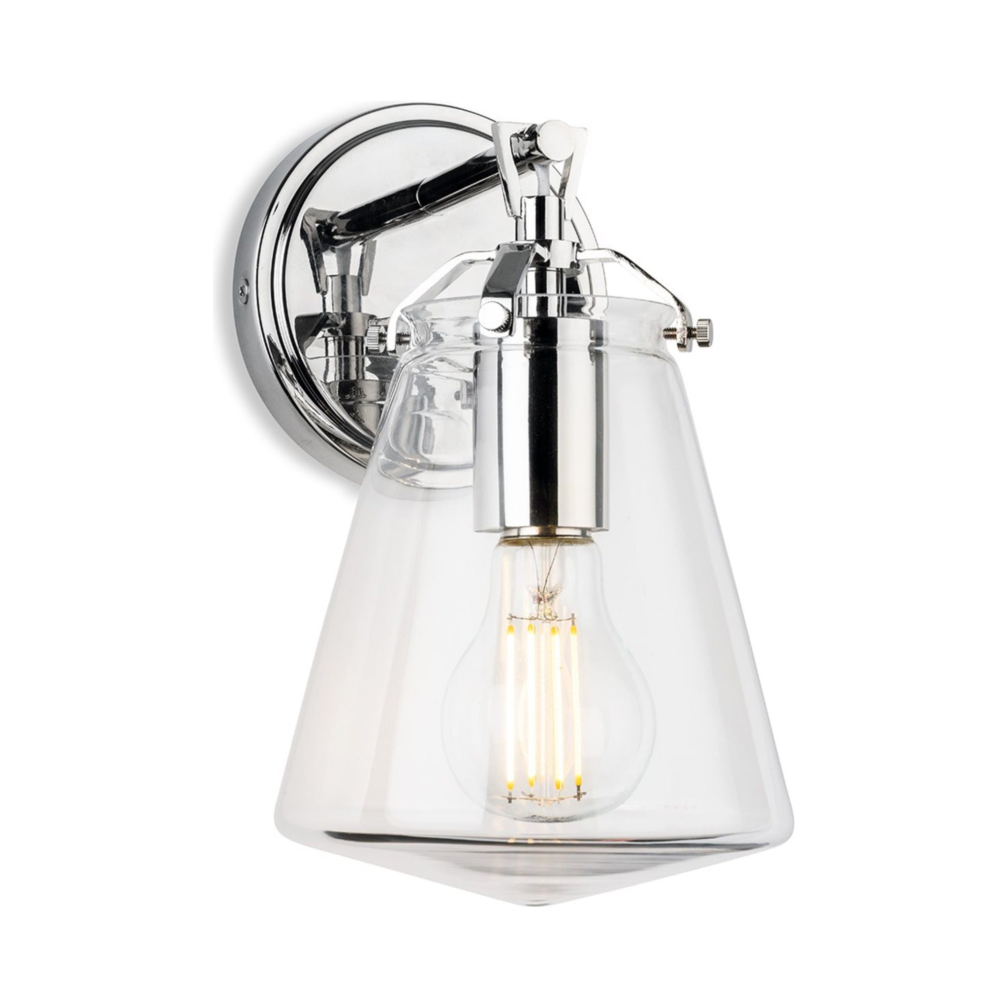 Vela Tapered Clear Glass Wall Light in chrome, angled view