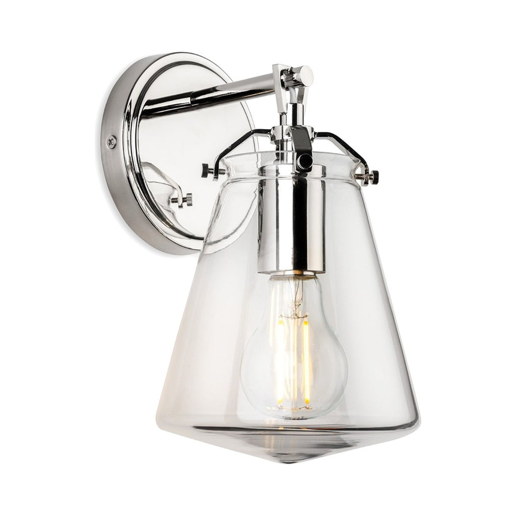 Vela Tapered Clear Glass Wall Light in chrome, front view with a filament bulb lit