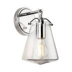 Vela Tapered Clear Glass Wall Light in chrome, front view with a filament bulb lit