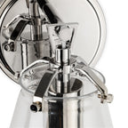 Vela Tapered Clear Glass Wall Light in chrome, close-up of the chrome bracket and wall plate