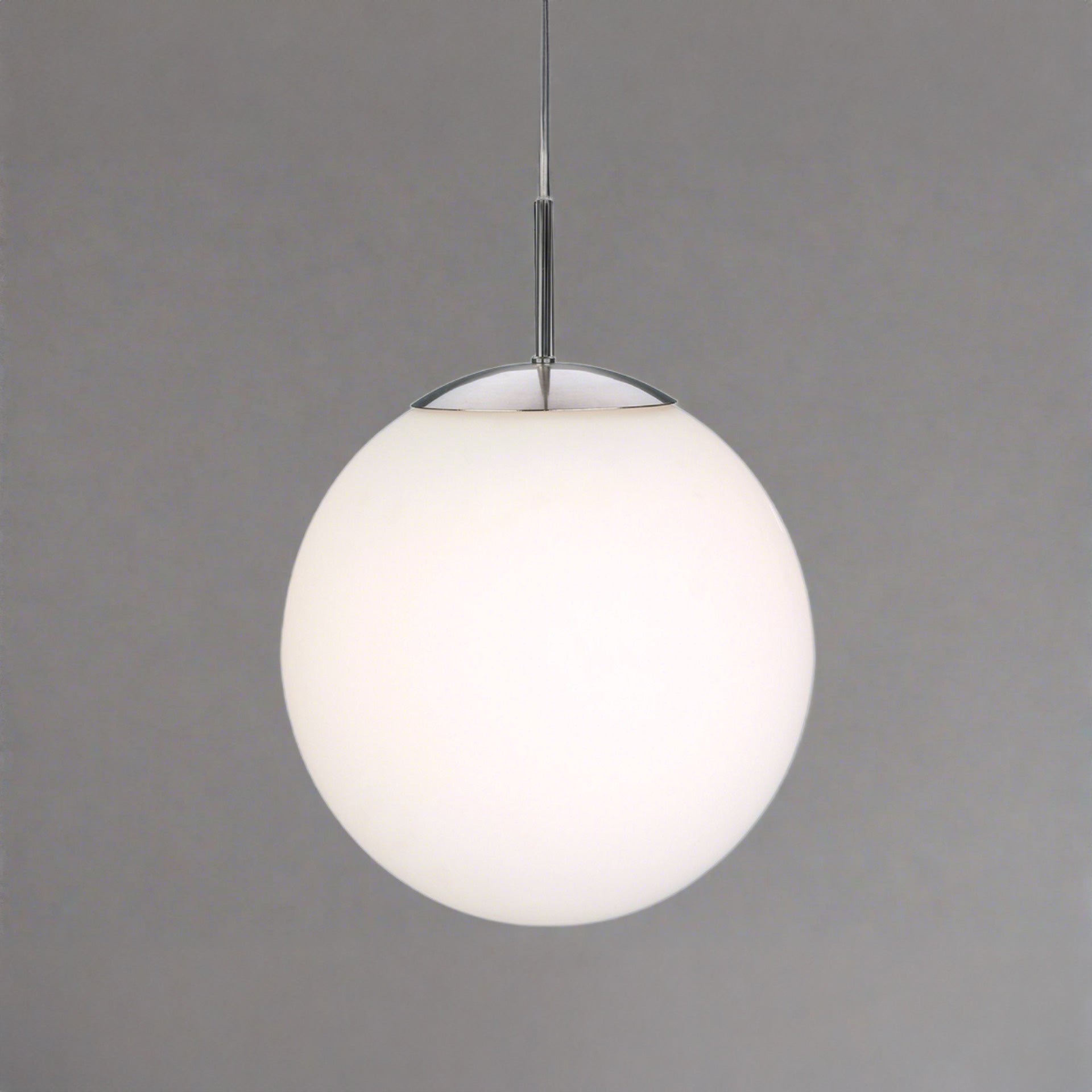 35cm globe pendant light with opal glass shade and brushed steel metalwork