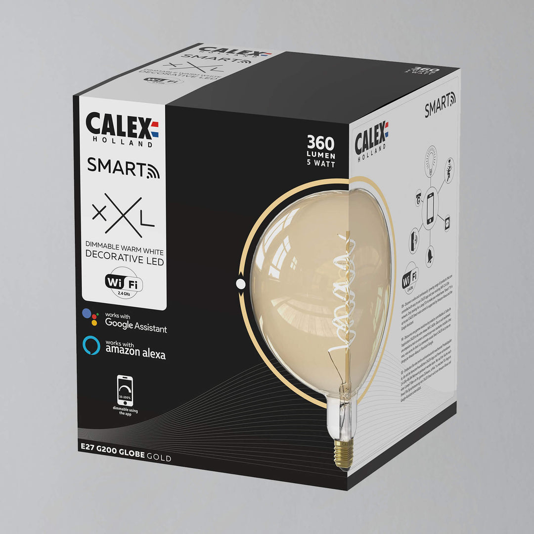 Doré Calex LED Ampoule Globe Smart (WiFi), G200, E27, 5W, 2200K (blanc  atmosphérique supplémentaire), gradable